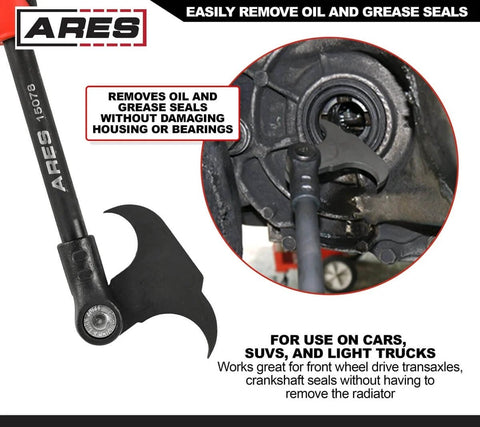 Indexing Seal Puller 12 Inch Length With Dual Hook Tips And 14 Locking Positions For Easy Oil And Grease Seal Removal On Cars, SUVs And Light Trucks in action