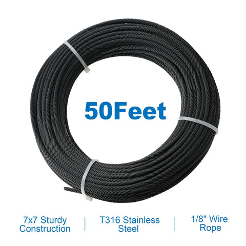 Coiled 50 Feet One-Eighth Inch Black Heavy-Duty T316 Stainless Steel Cable Wire Rope Aircraft Cable Railing System Deck Cable