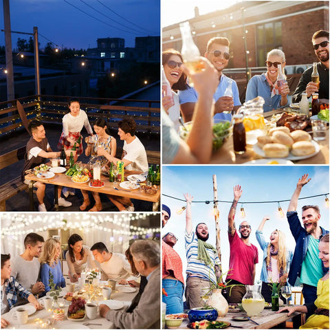 People enjoying nighttime parties with 50 Foot Solar Outdoor String Lights With Remote illuminating patios and gatherings.