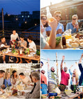 Groups enjoying Solar String Lights Outdoor 100ft With Remote Control Dimmable Patio Lights 32 Shatterproof Bulbs at night events.