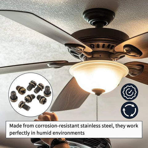 Twenty Piece Heavy Duty Ceiling Fan Blade Screws Quarter Twenty Thread By Three Eighth Inch Long Carbon Steel Pan Head Bolts Copper Finish Locks Right In Zero Wobble Residential Gear on a ceiling fan.