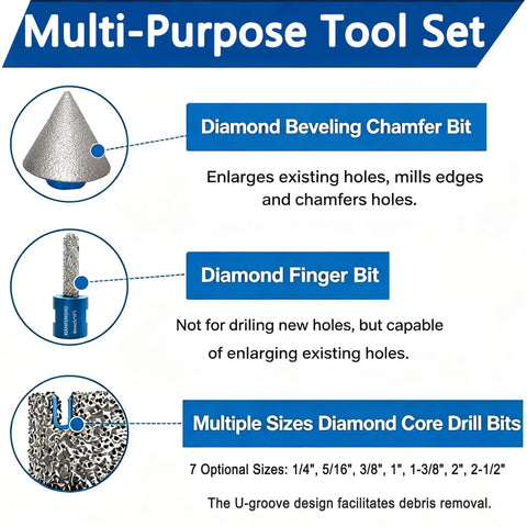 Heavy Duty Diamond Hole Saw Kit Cuts Smooth As Silk For Tile Ceramic Porcelain Stone 13 Piece Core Drill Bit Set with multiple diamond bits.