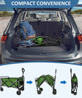 Collapsible Utility Cart Folding Wagon With 320 Lbs Capacity in car trunk, folded stages shown, green