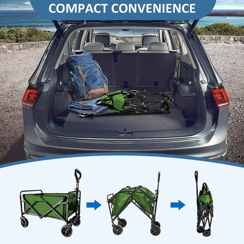 Collapsible Utility Cart Folding Wagon With 320 Lbs Capacity in car trunk, folded stages shown, green