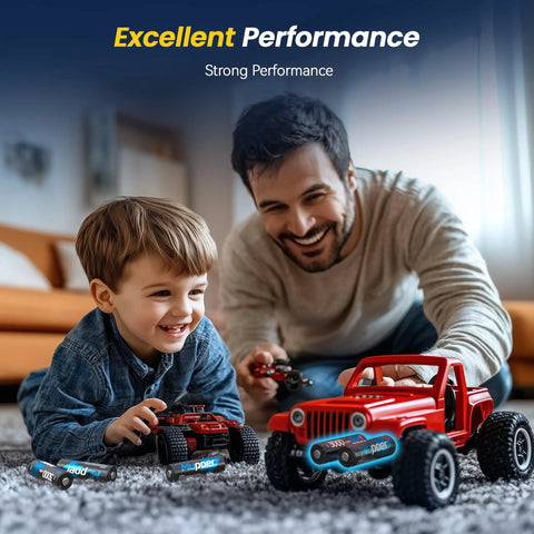 Father and son playing with red remote control cars, showcasing Heavy Duty Rechargeable Aa Lithium Batteries 8 Pack 1.5V 3000Mwh.