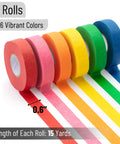 Colored Masking Tape Set 0.6 Inch By 15 Yards 6 Pack In Vibrant Yellow Green Blue Orange Pink Red Great For Arts And Crafts Labeling Journaling DIY Projects And Home Organization arranged in a row