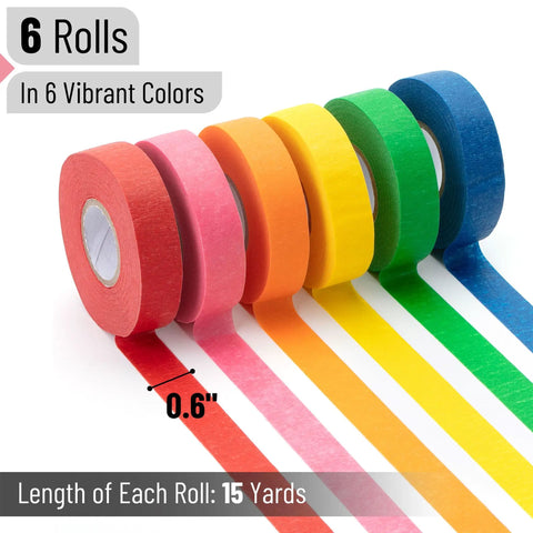 Colored Masking Tape Set 0.6 Inch By 15 Yards 6 Pack In Vibrant Yellow Green Blue Orange Pink Red Great For Arts And Crafts Labeling Journaling DIY Projects And Home Organization arranged in a row