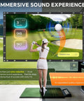 Golfer practicing in front of Triple Layer Golf Projection Screen For Home Practice Washable Impact Screen Built Tough For Home Golf Simulators Easy Install For Launch Monitor Training High Definition Outer Layer With Cushioned Buffer 14 By 9 Feet.