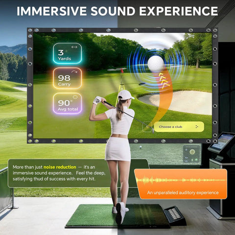 Golfer practicing in front of Triple Layer Golf Projection Screen For Home Practice Washable Impact Screen Built Tough For Home Golf Simulators Easy Install For Launch Monitor Training High Definition Outer Layer With Cushioned Buffer 14 By 9 Feet.