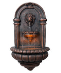 Lion Head Stone Wall Mounted Outdoor Water Fountain With LED Light 32 Inch Antique Bronze Durable Lightweight Resin