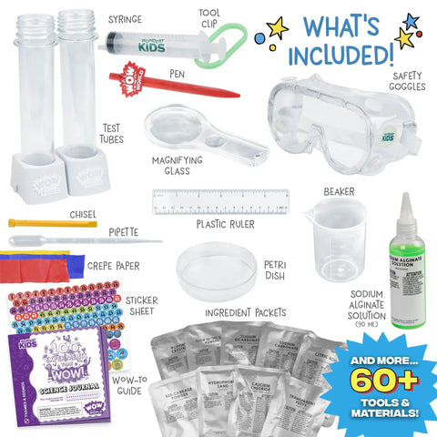 100 Jaw Dropping Science Experiments Kit With Over 60 Tools And Materials For Chemistry Physics Biology And Earth Science Projects Includes Science Journal Hands On Fun For Kids Ages 6 And Up featuring test tubes, beaker, and more tools