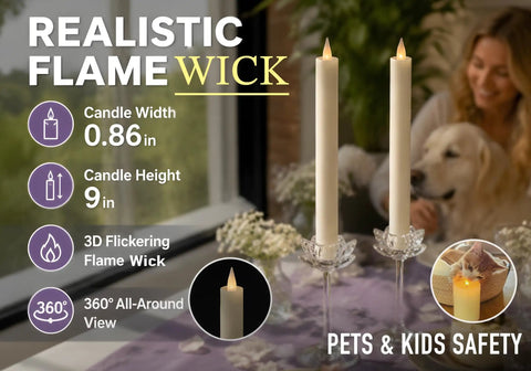 Flameless Taper Candles With Remote And Timer Realistic 3D Moving Flame Battery Operated LEDs 9 Inch Ivory Window Candles display