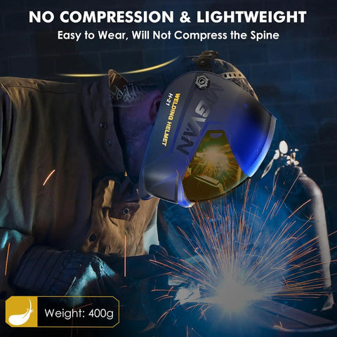 Welder using Auto Darkening Welding Helmet With True Color Clarity And Large Viewing Area, Solar Or Rechargeable Battery.