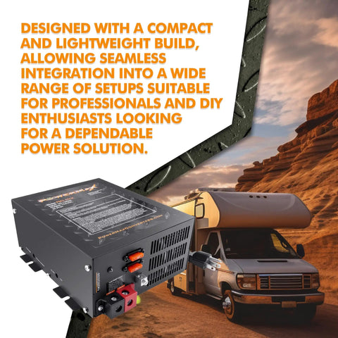 Rock Solid 55 Amp Deck Mount RV Converter And Smart Battery Charger showing unit design and features next to RV in desert landscape.