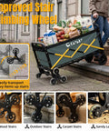 Foldable Stair Climbing Cart With Triangular Wheels For Groceries And Laundry on steps with full groceries.
