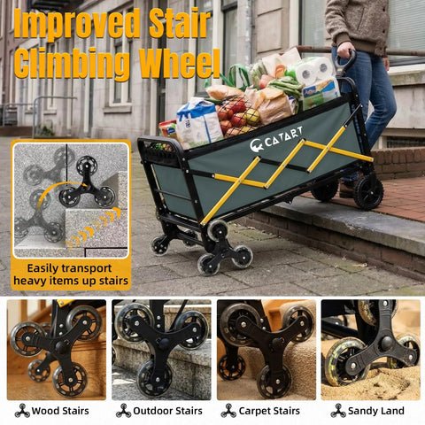 Foldable Stair Climbing Cart With Triangular Wheels For Groceries And Laundry on steps with full groceries.