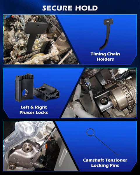 Gearhead Grade 3.6L Pentastar Timing Tool Kit with camshaft holders, phaser locks, and tensioner pins displayed in use