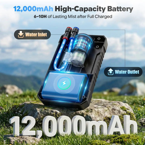 Beat The Heat Anywhere Portable Misting System With 12000mAh Pump featuring water inlet and outlet on rocky surface