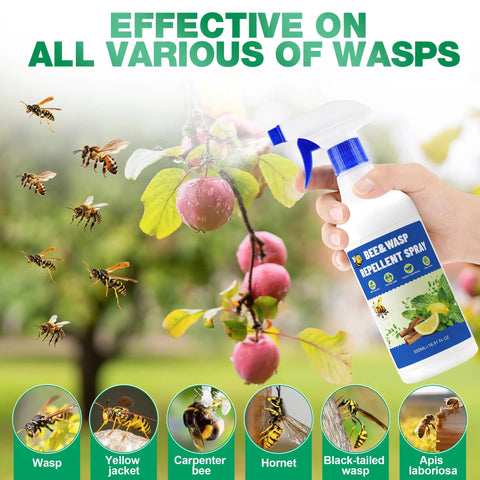 Image of 2 Pack 16 Oz Bee And Wasp Spray With Natural Peppermint Oil For Outdoor Use Kills Yellow Jackets Hornets Carpenter Bees Safe For Your Yard And Garden Insect Repellent Easy To Use, showing spray bottle near fruit tree with wasps.