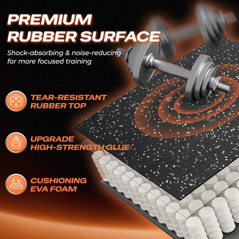 Close-up of thick 0.56 inch interlocking gym flooring mats with rubber top, showcasing tear-resistant surface and cushioning EVA foam.