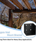 Heavy Duty Pergola Wall Mount Bracket Set For 4x4 And 4x6 Posts, 11 Gauge Steel With Black Powder Coat, Universal Joist Hanger Inner Width Three And One Half Inches, Easy Install For Patio Covers Gazebos And Outdoor Structures, shown attached to a wooden pergola.