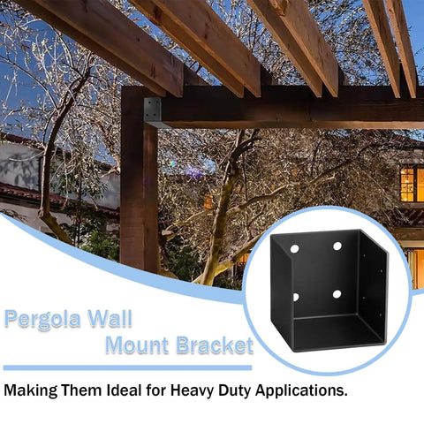 Heavy Duty Pergola Wall Mount Bracket Set For 4x4 And 4x6 Posts, 11 Gauge Steel With Black Powder Coat, Universal Joist Hanger Inner Width Three And One Half Inches, Easy Install For Patio Covers Gazebos And Outdoor Structures, shown attached to a wooden pergola.