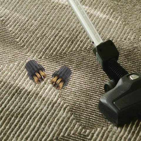 No Mess Steam Cleaner Brush Heads Replacement Set features six heavy duty copper attachments on carpet with vacuum.