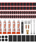Complete view of All-In-One Bike Tire Repair Kit For Mountain Road And Commuter Bikes With 91 Pieces, patches, levers, glue, valve cores