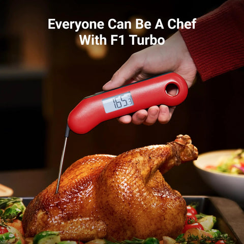 Person using Professional Meat Thermometer For Grill, Candy, And BBQ With Instant Read, Speedy Half Second Read on roasted chicken