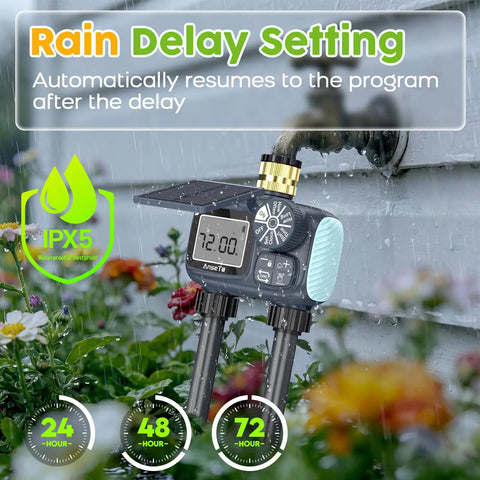 Solar Powered Sprinkler Timer With Brass Inlet Dual Outlet Garden Hose Controller Programmable Watering System With Rain Delay