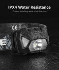 Rechargeable LED Headlamp For Camping And Hiking - Ultra Bright Up To 2000 Lux, 6 Modes, shown with water droplets, IPX4 waterproof.