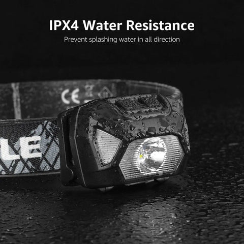 Rechargeable LED Headlamp For Camping And Hiking - Ultra Bright Up To 2000 Lux, 6 Modes, shown with water droplets, IPX4 waterproof.