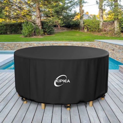 Heavy Duty Round Patio Table Cover Waterproof UV Resistant No Tears No Fading Fits 62 Inch Diameter Tables Up To 28 Inch High Outdoor Furniture Shield For All Seasons covering table on deck