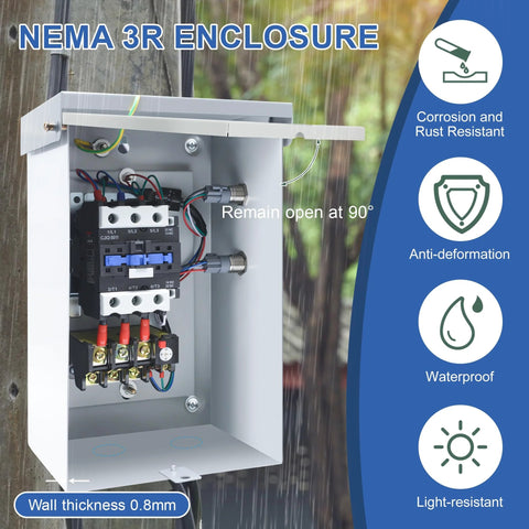 Front view of white NEMA 3R motor starter enclosure with exposed wiring and contactor.
