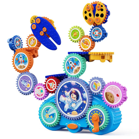 Colorful gear building toys for kids electric and manual construction set featuring space theme for ages 3 to 12.