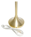 Gold base of Tapered Fabric Drum Shade Table Lamp In Gold And White With Pull Chain Switch 8 By 8 By 21 Inches
