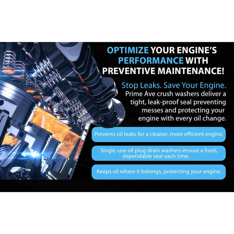 Graphic highlighting benefits of using Copper Oil Drain Plug Washers 12mm Crush Gaskets for leak-proof sealing and engine maintenance.