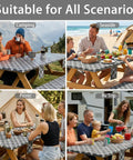 Fitted Waterproof Picnic Table Cover Set With Bench Covers Heavy Duty Elastic Outdoor Tablecloth For 6 Foot Rectangular Tables Perfect For Camping RV Trips Patio Garden And Outdoor Gatherings, showing four scenarios of use.