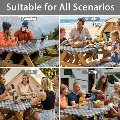 Fitted Waterproof Picnic Table Cover Set With Bench Covers Heavy Duty Elastic Outdoor Tablecloth For 6 Foot Rectangular Tables Perfect For Camping RV Trips Patio Garden And Outdoor Gatherings, showing four scenarios of use.