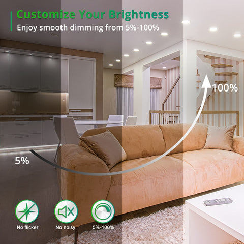 Living room with dimmable 24 Pack 4-Inch Recessed LED Can Lights With 6 CCTs Selectable From 2500K To 5000K, showcasing brightness levels.