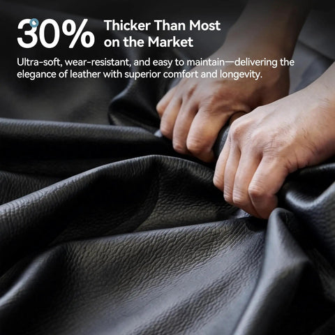 Hands holding black leather material for Dual Motor Electric Reclining Office Chair With Heat Massage And Ventilation