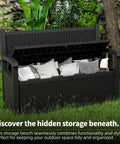 80 Gallon Outdoor Storage Bench Deck Box Waterproof Lockable For Patio Garden And Porch All Weather Storage Furniture For Tools Cushions And Backyard Gear Black open with pillows inside