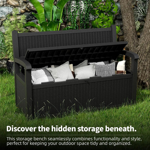 80 Gallon Outdoor Storage Bench Deck Box Waterproof Lockable For Patio Garden And Porch All Weather Storage Furniture For Tools Cushions And Backyard Gear Black open with pillows inside