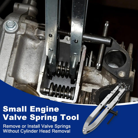 Valve Spring Compressor Tool For Small-Engines Replacement Part 750-174 in use on engine block, manual screw system shown