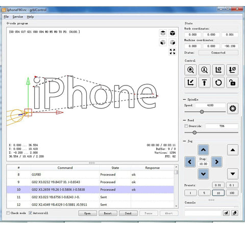 Engraving software interface showing iPhone text for 3 Axis Desktop CNC Router Kit For Wood PCB PVC Milling And Engraving With Offline Controller No Computer Needed GRBL Control USB Interface Mini DIY Engraver Machine For Beginners.