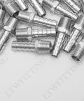 Premium Stainless Steel 316 Barb Connector Fitting 3/8 Inch Hose To 1/4 Inch Male NPT Adapter Bulk Pack Of Seven Hundred on white background.