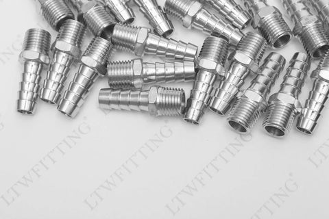 Premium Stainless Steel 316 Barb Connector Fitting 3/8 Inch Hose To 1/4 Inch Male NPT Adapter Bulk Pack Of Seven Hundred on white background.