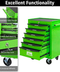 Heavy Duty 21 Inch Lockable Rolling Tool Cabinet With Ball Bearing Slides Sturdy Steel Worktop And Park Lock Casters For No Fuss Garage Organization Green with six drawers and side handle.