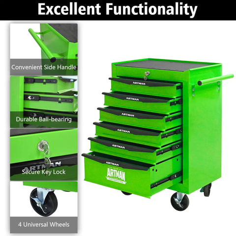 Heavy Duty 21 Inch Lockable Rolling Tool Cabinet With Ball Bearing Slides Sturdy Steel Worktop And Park Lock Casters For No Fuss Garage Organization Green with six drawers and side handle.