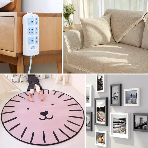 Composite image showing power socket, sofa corner, child on a rug, and photo frames. Use Ultra Thin Clear Double Sided Tape 1.18 Inch By 66 Feet Versatile Mounting Tape For Clothes Posters DIY Crafts Photos LED Strips Rugs Non Slip Decor Fixed Power Socket And More for secure fixations.